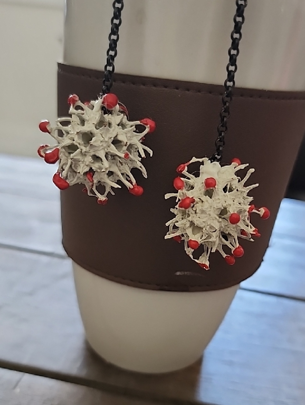 Weird Handcrafted Covid 19 Shape White &Red Pendant Earrings Made From Tree Buds